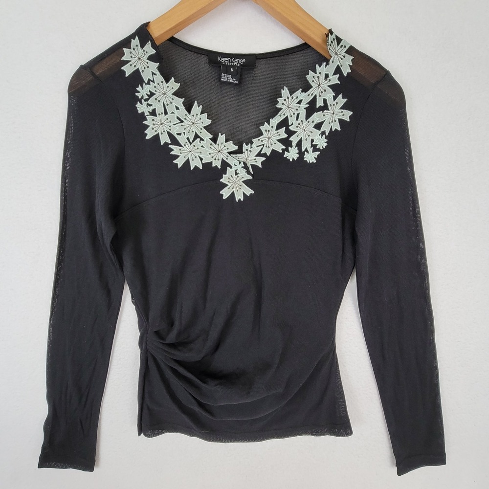 Karen Kane Lifestyle Black Embroidered Floral Sheer Yoke Top Women's Size S